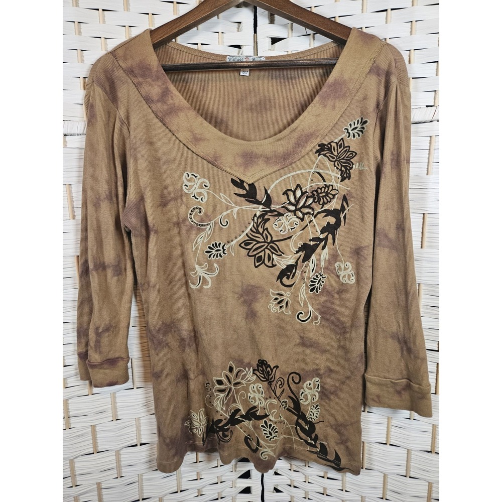 Vintage Suzie Womens XL Brown Tan T Shirt Grunge Casual